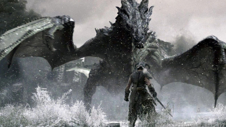 Dragonborn facing a dragon in the snow