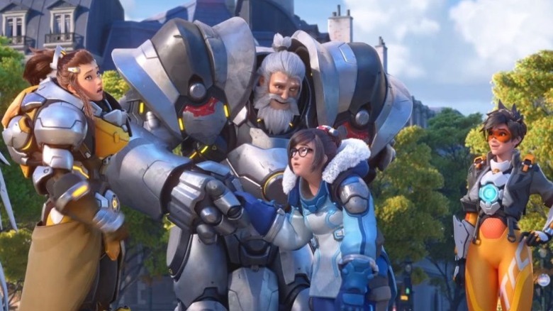 Overwatch characters shaking hands