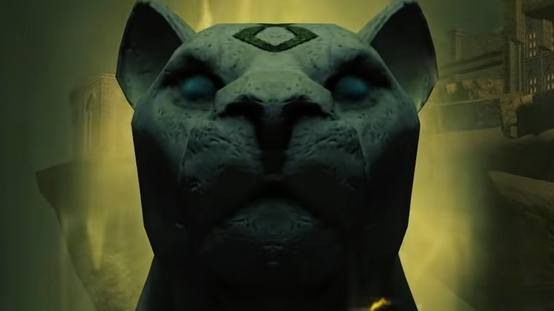 Glowing stone lioness statue