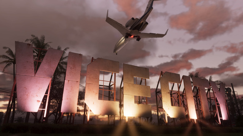A plane flying over the Vice City sign in Grand Theft Auto VI
