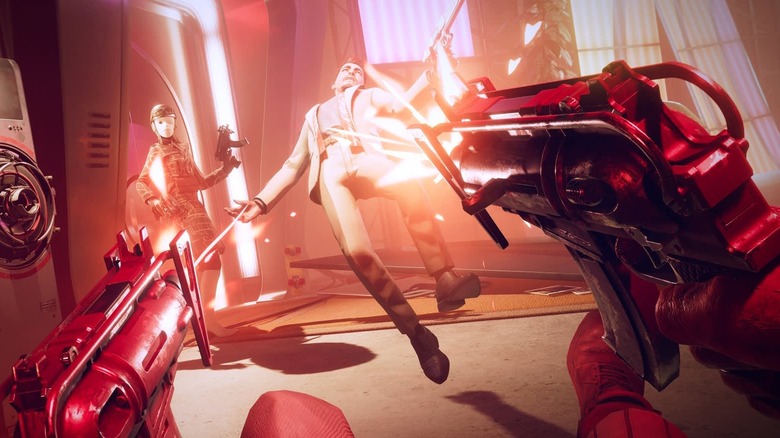 Double pistols shooting at enemy in Deathloop