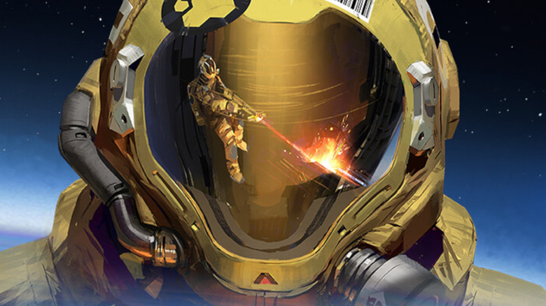 Astronaut reflected in helmet visor 