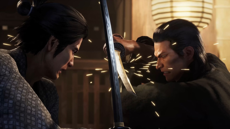 Two unarmored samurai clashing swords