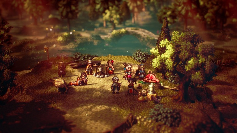 Gameplay screenshot of "Octopath Travler 2" characters setting up camp