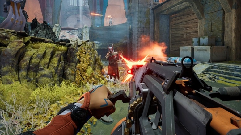 A first person view of a player shooting a gun in "Highguard" (2026)