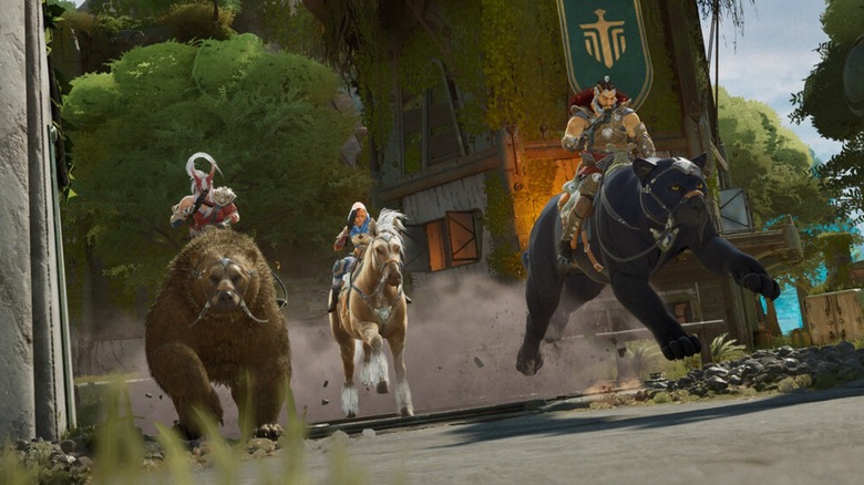 Three players ride mounts in "Highguard" (2026)