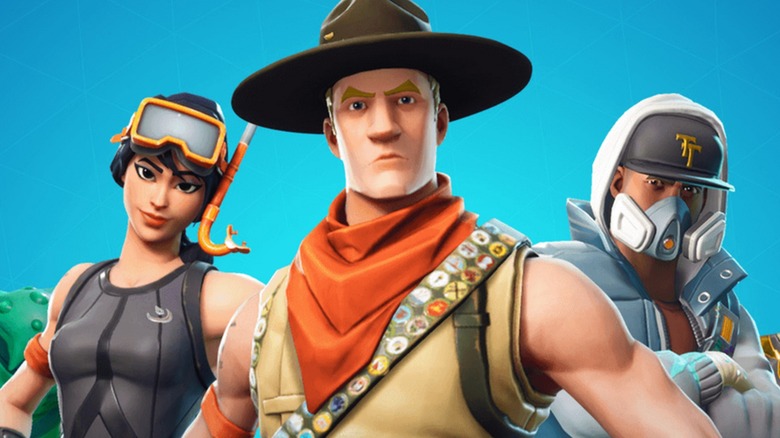Fornite characters standing in lineup