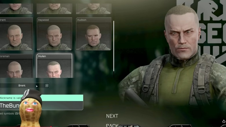 TheBurntPeanut overlaid on Escape From Tarkov character creator screen