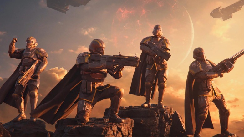 Helldivers posing on rock