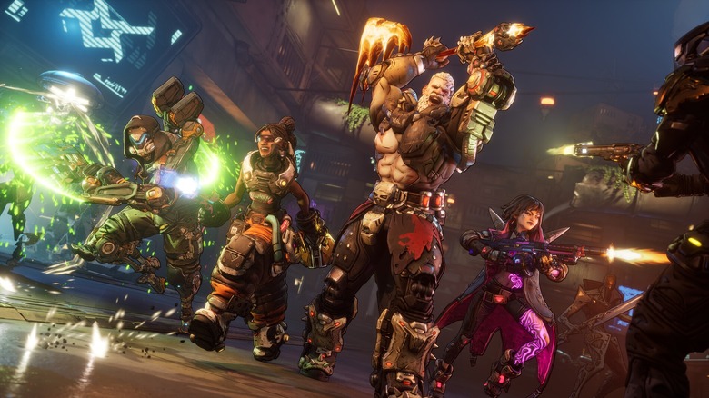 Four Borderlands players charging into battle in Borderlands 4