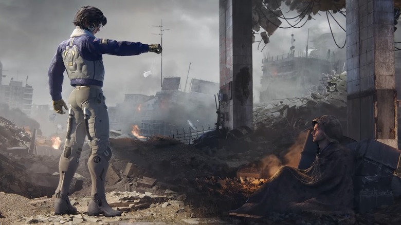 A "Mecha Break" character offers dog tags to a man