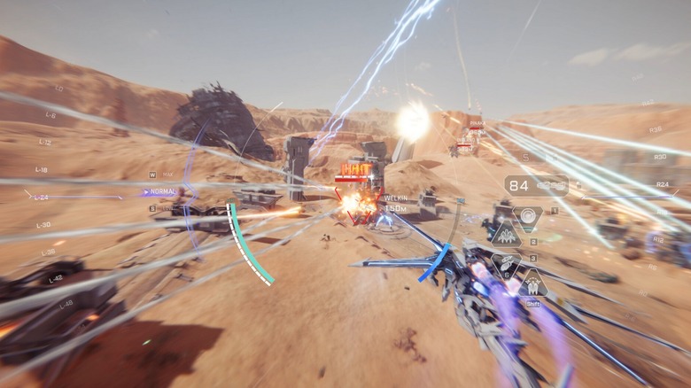 Mechs flying through battlefield in "Mecha Break"