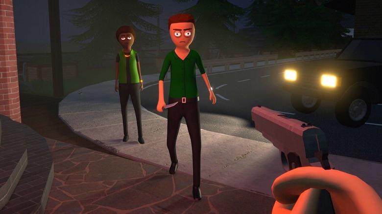 Player aiming gun at two men in Schedule 1