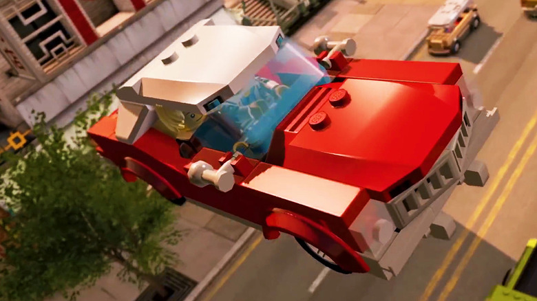 Lego car soaring through air