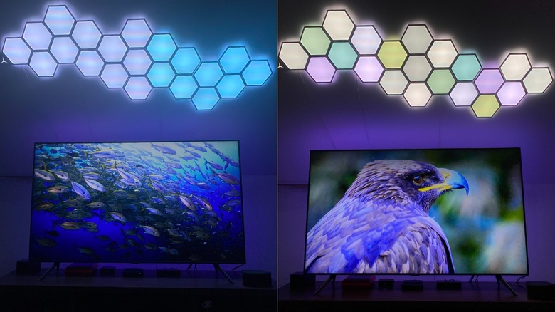 Linkind EP6 Smart Hexagon Panels displayed on a wall above an entertainment center