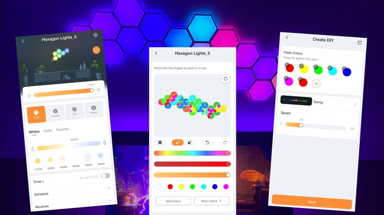 Linkind EP6 Smart Hexagon Panels displayed in background; screenshots of app functions displayed in foreground.