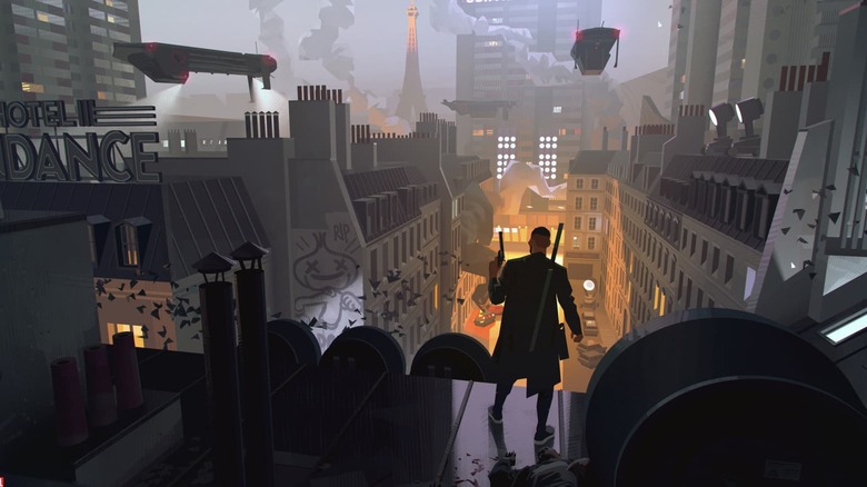 Concept art of Blade standing atop building looking over city