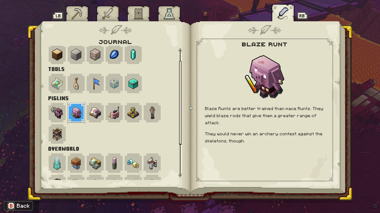 Journal bestiary open in Minecraft Legends