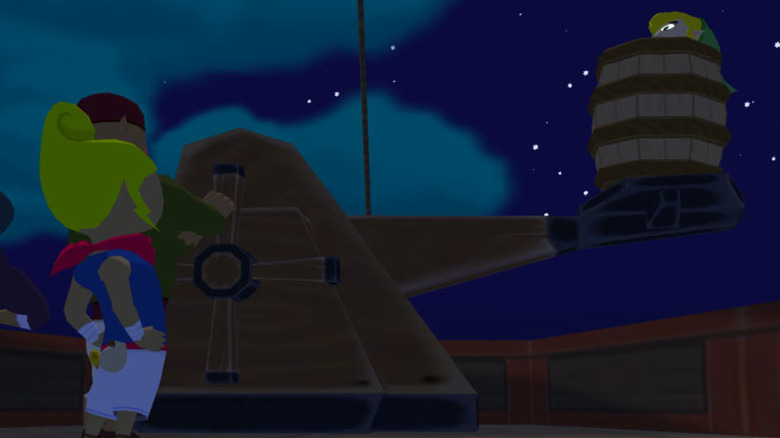 Tetra sticks Link in a barrel and prepares to catapult him into a fortress in The Wind Waker