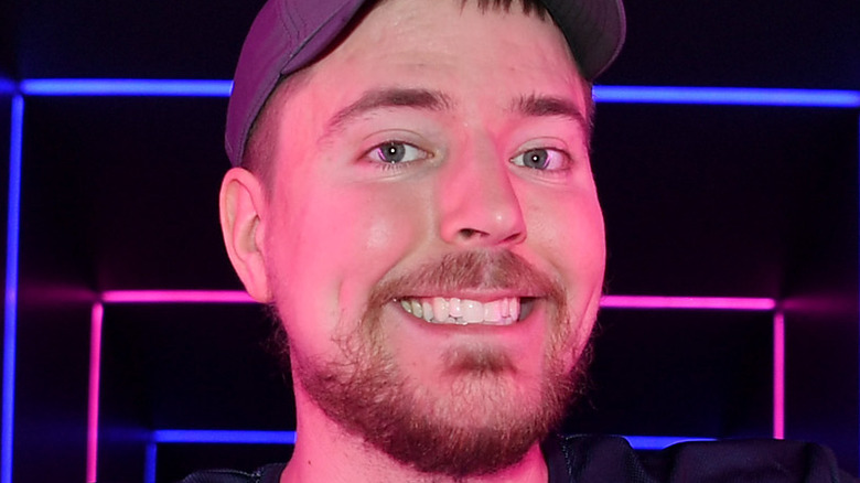 MRBeast smiling purple hat