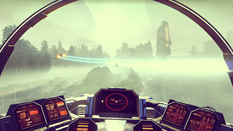 Cockpit view of rainy terrain