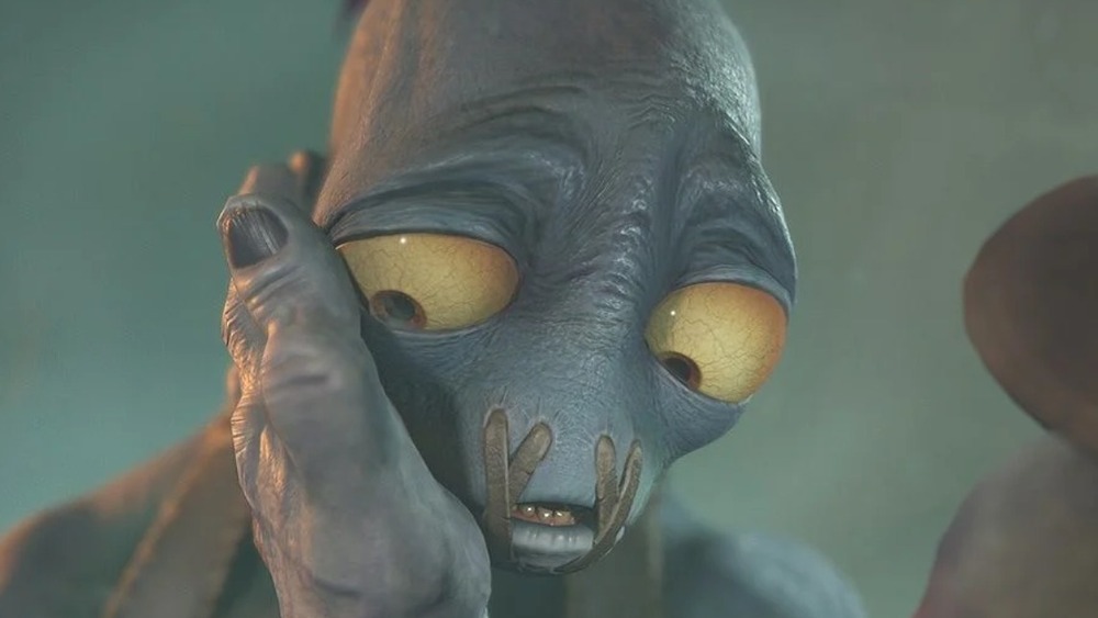 Oddworld: Soulstorm character cupping Abe's cheek