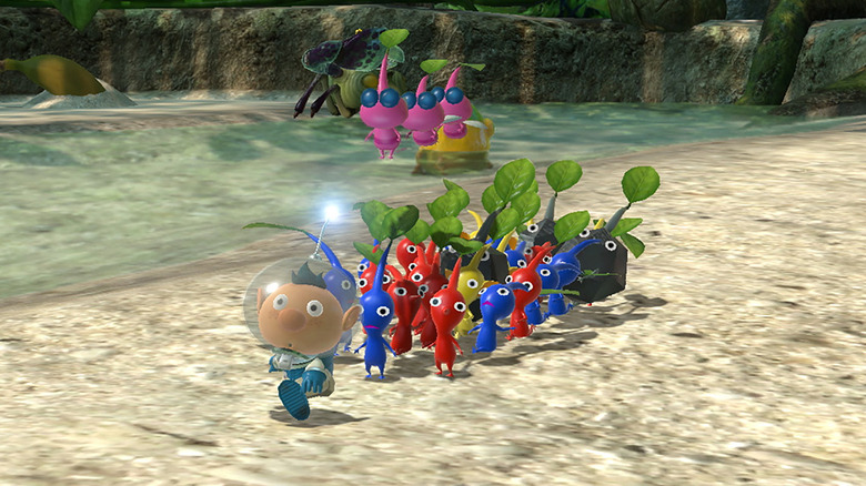 Olimar leading Pikmin