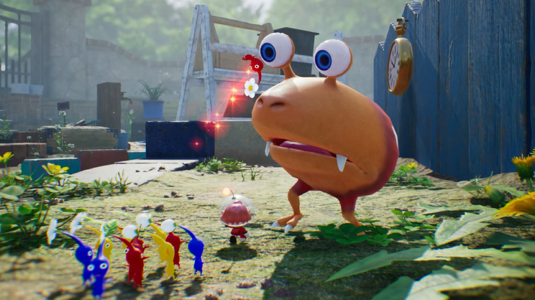 Ground view of Pikmin engaging enemy