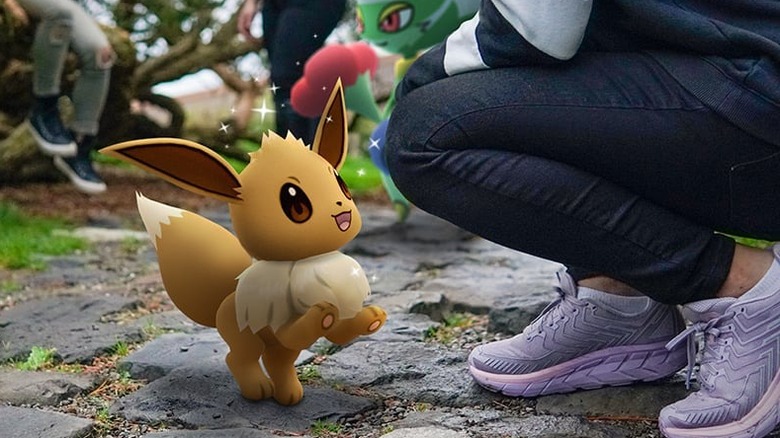 Trainer crouching with happy eevee