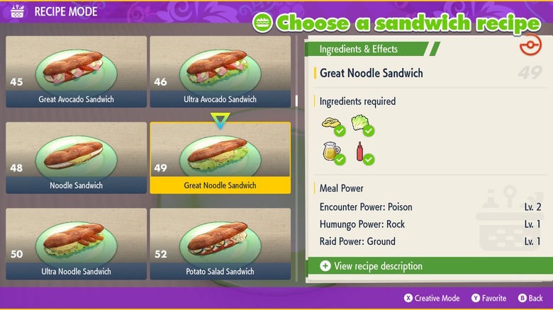 Sandwich making recipe mode menu