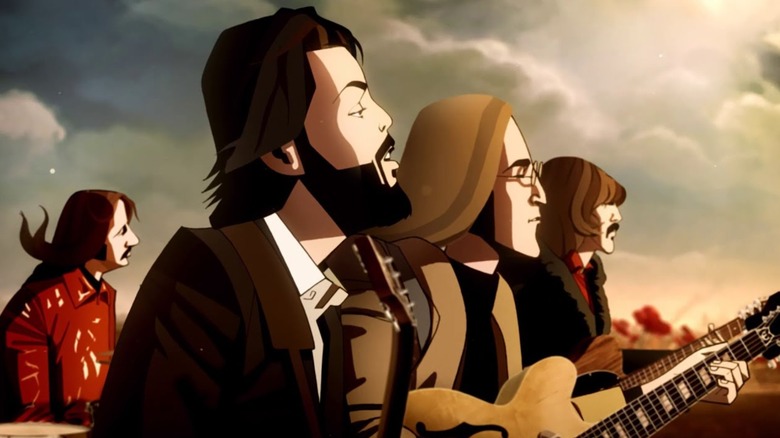 The Beatles walking together in cinematic from The Beatles: Rock Band