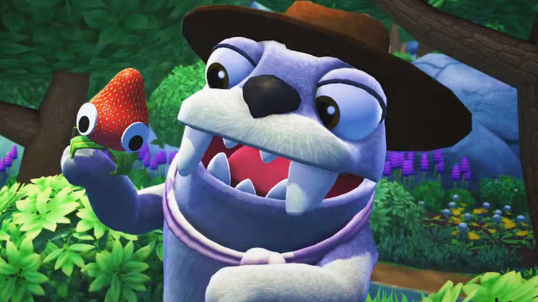 A walrus holds up a strawberry spider in Bugsnax