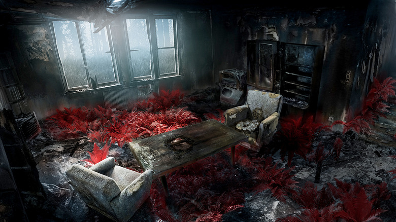Strange red plants grow in an abandoned room in The Medium