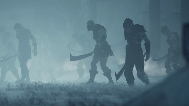 Mort walking through the fog