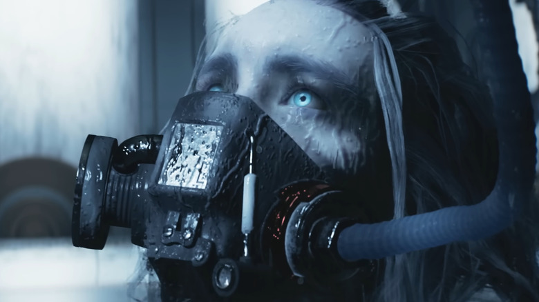 Closeup of character using breathing mask