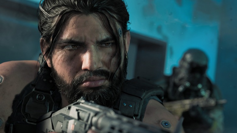 Bearded soldier holding rifle and scowling in Black Ops 7