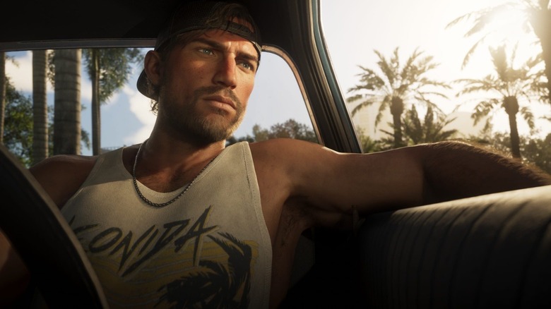Jason sitting in a car in a screenshot of "Grand Theft Auto VI"