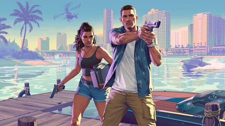 Jason and Lucia holding guns on a dock in "GTA6" artwork