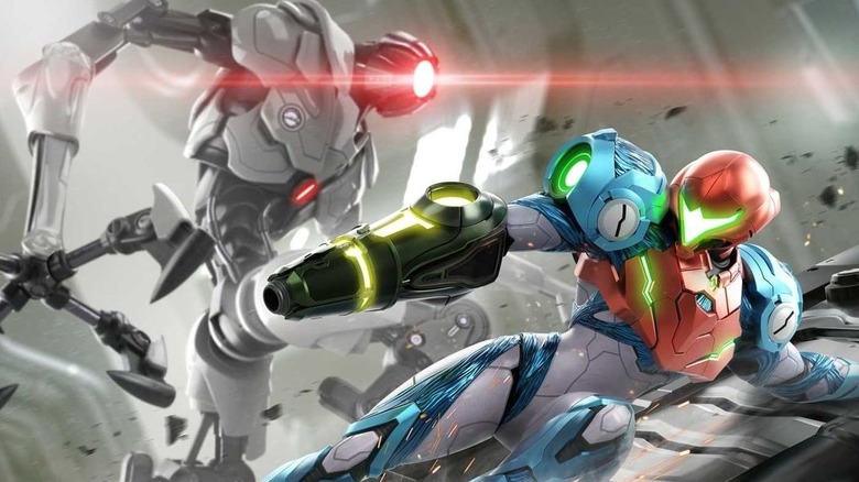 Samus Aran and EMMI in Metroid Dread
