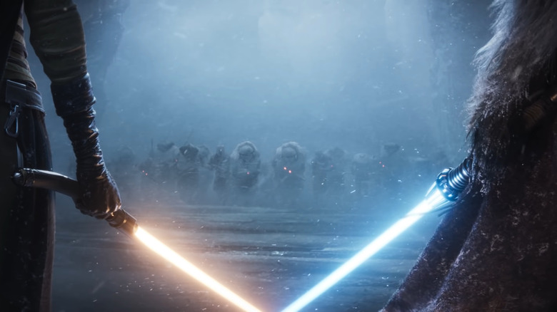 Green and orange lightsaber wide shot