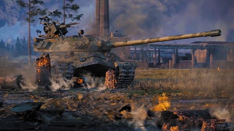 Tank rolling over burning ground