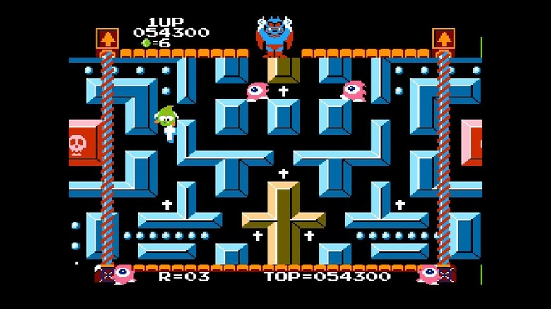 A green dragon approaches a cross as a demon points up in Devil World