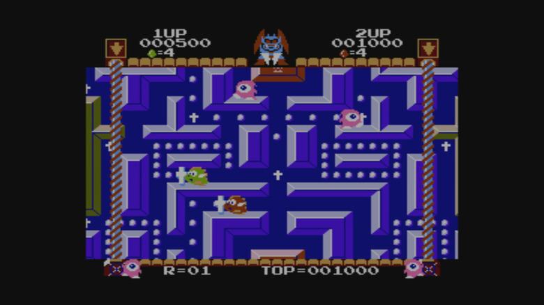 A green and a red dragon approach crosses as a demon points down in Devil World