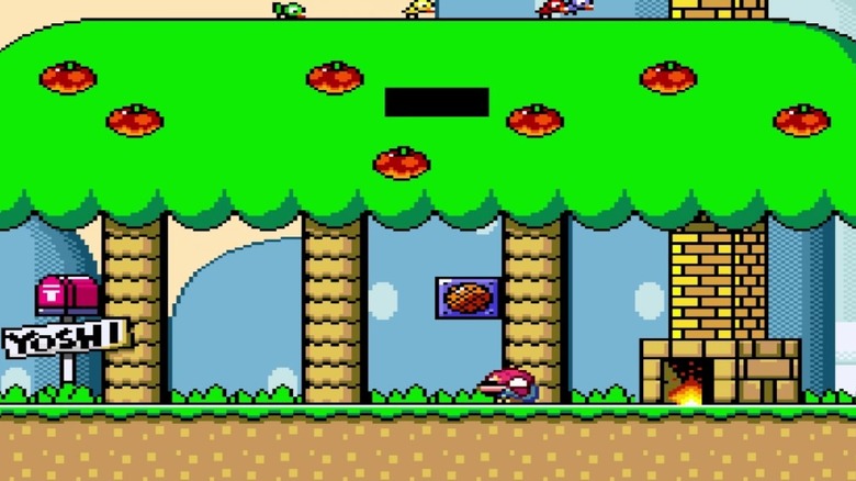 Mario squats at Yoshi's house