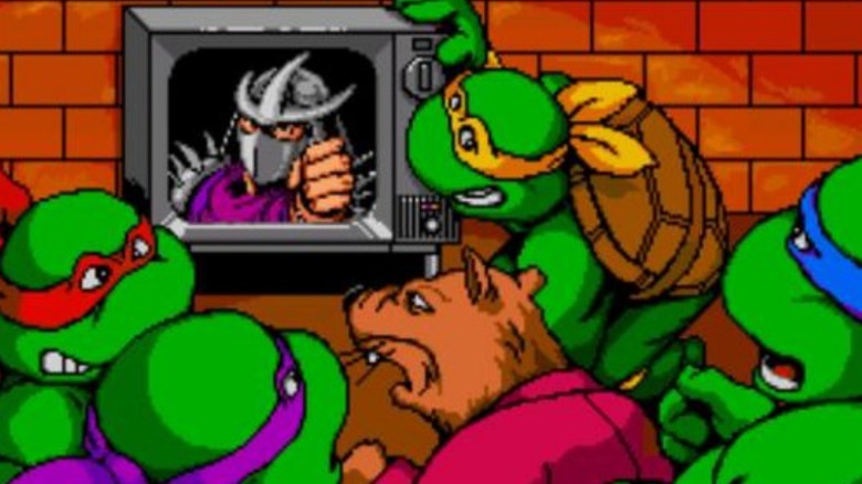 The Ninja Turtles gather around a TV showing Shredder's face