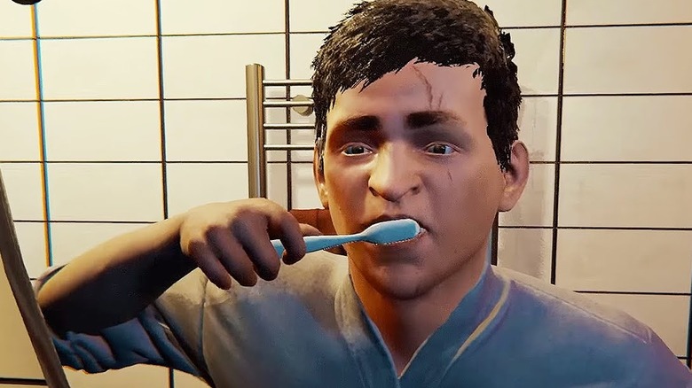 Timmy brushes his teeth