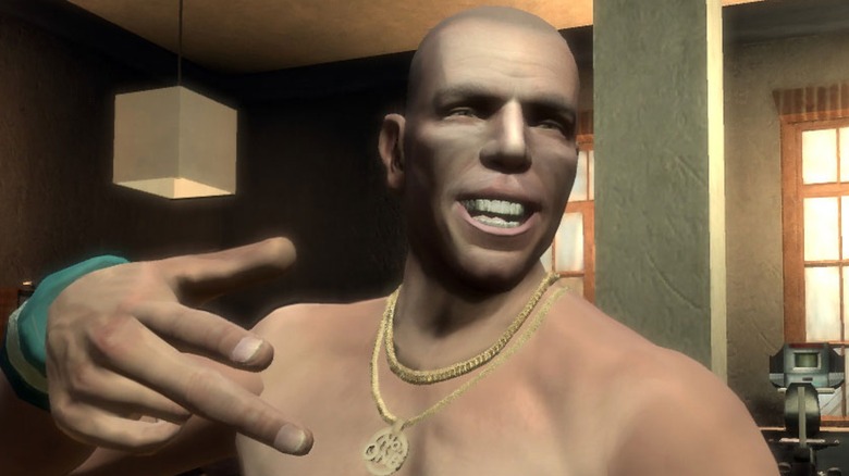 Brucie shirtless and smiling in his gym in Grand Theft Auto 4
