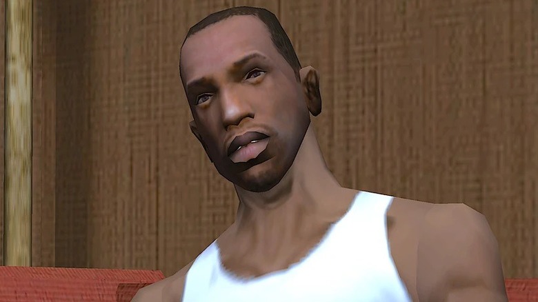 CJ sitting on a sofa in Grand Theft Auto: San Andreas