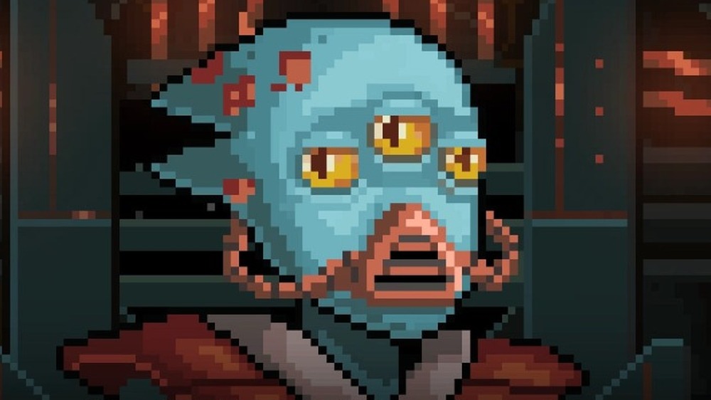 blue alien wearing mask