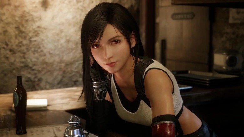 Tifa leaning on bar